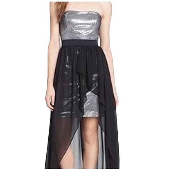 Aidan Mattox Silver And Black High Low Chiffon Overlay Sequin Sleeveless Dress - Picture 2 of 14